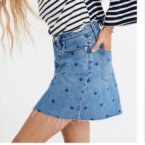 Madewell Rigid Denim A-Line Mini Skirt Star Print 23 - Picture 1 of 8